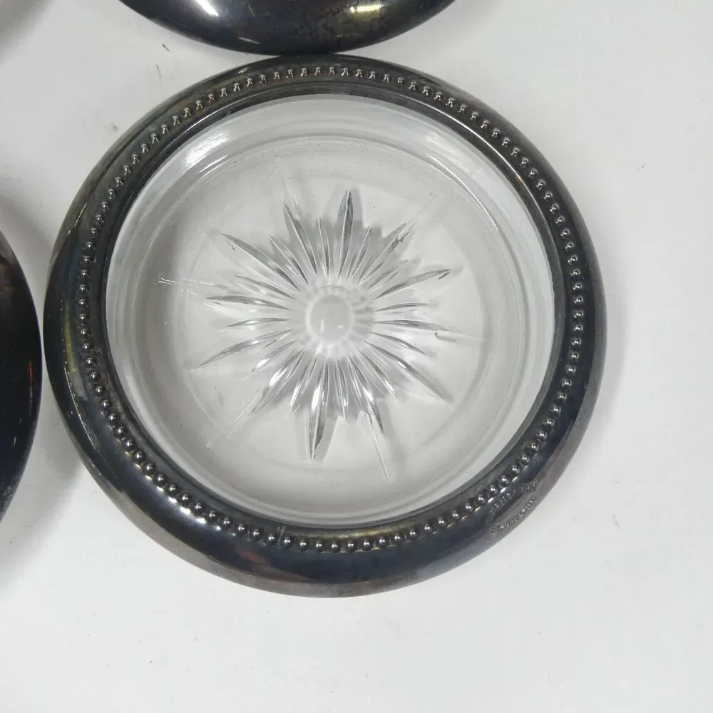 4 Coasters Set Silverplate Rim Crystal W&S Blackington Vintage